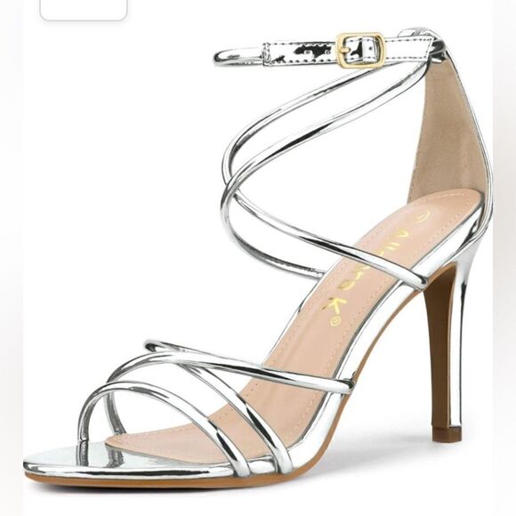 Allegra K Silver Open Toe Ankle Strappy Stiletto Heel Sandals Holiday Party Shoe - Picture 1 of 15